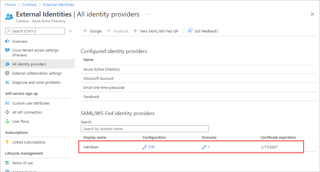 Screenshot showing an identity provider in the SAML WS-Fed list