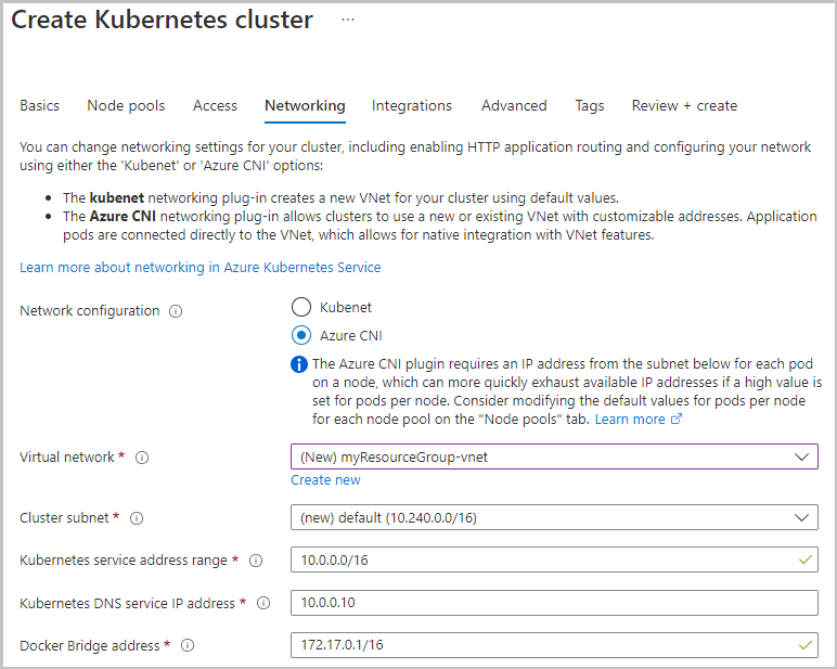 Screenshot from the Azure portal showing an example of configuring these settings during AKS cluster creation.