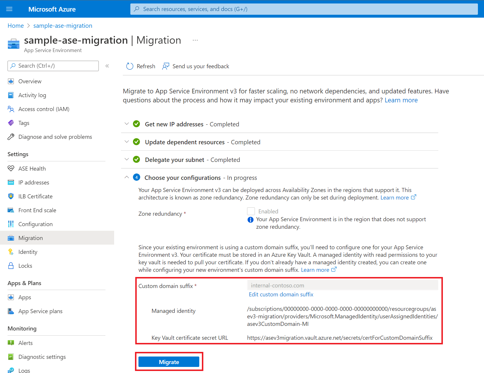 Screenshot that shows that the configuration details are added and the environment is ready for migration.