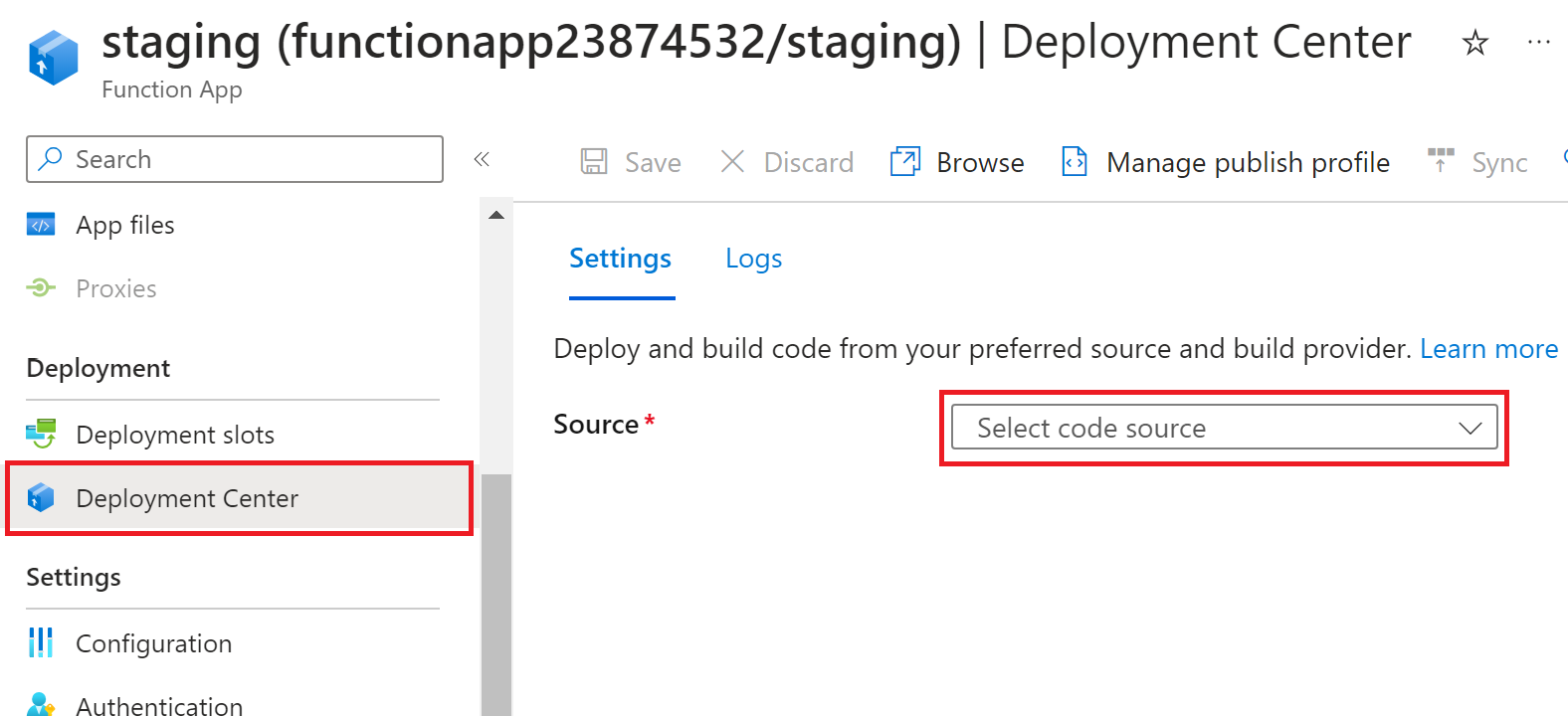 Screenshot of Function app deployment center in the Azure portal where you choose your source repository.