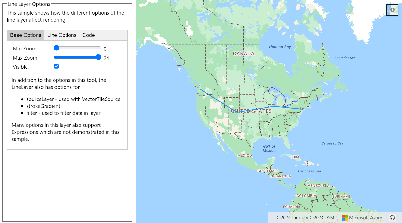 A screenshot showing the Line Layer Options sample that shows how the different options of the line layer affect rendering.