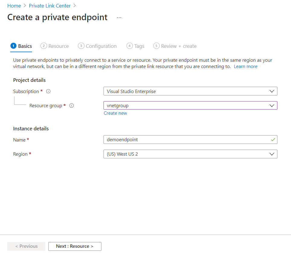 Screenshot of Azure portal showing the 'Basics' tab with fields to provide values for the private endpoint.