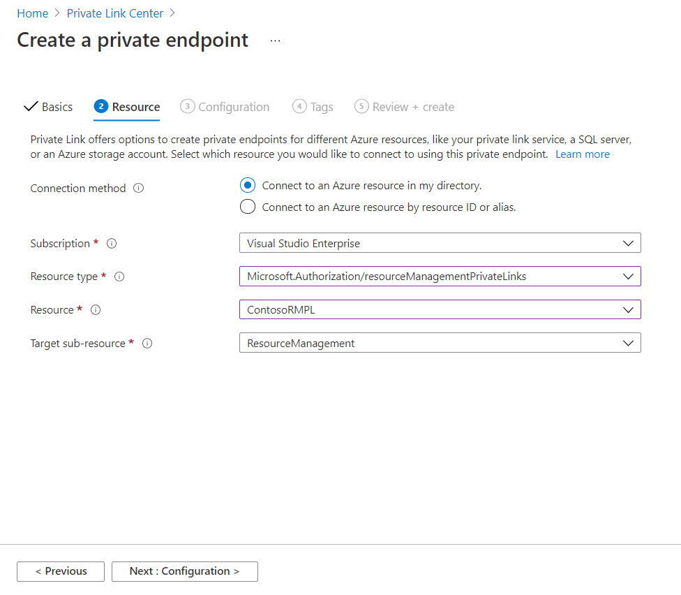 Screenshot of Azure portal showing the 'Resource' tab with fields to select resource type and target subresource for the private endpoint.
