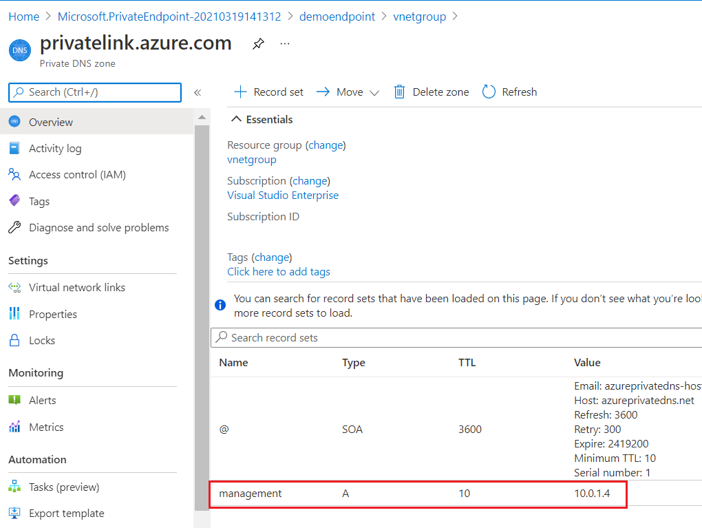 Screenshot of Azure portal displaying the private DNS zone resource with the record set named 'management' and its local IP address.