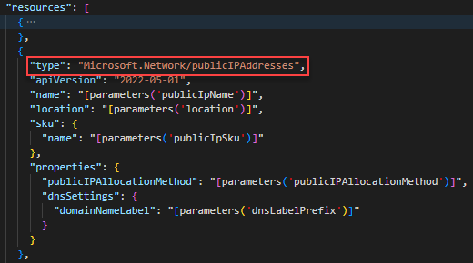 Screenshot of Visual Studio Code showing the public IP address definition in an ARM template.