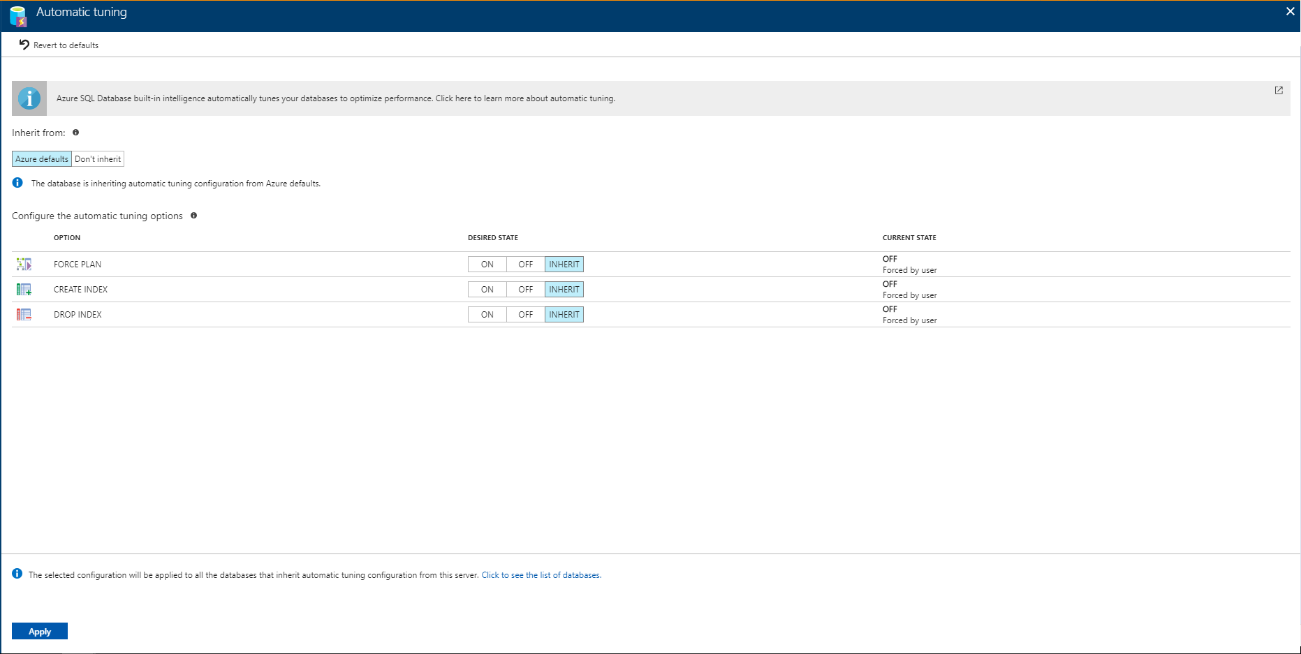 Screenshot shows Automatic tuning in the Azure portal, where you can apply options for a server.