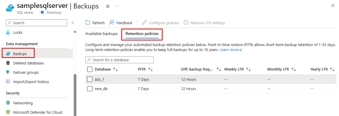 Screenshot of the Azure portal showing the retention policies experience.