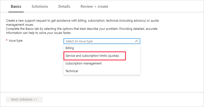 Screenshot of the Azure portal, Select an issue type.