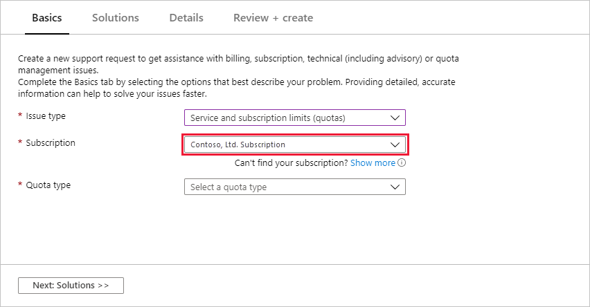 Screenshot of the Azure portal, select a subscription for an increased quota.