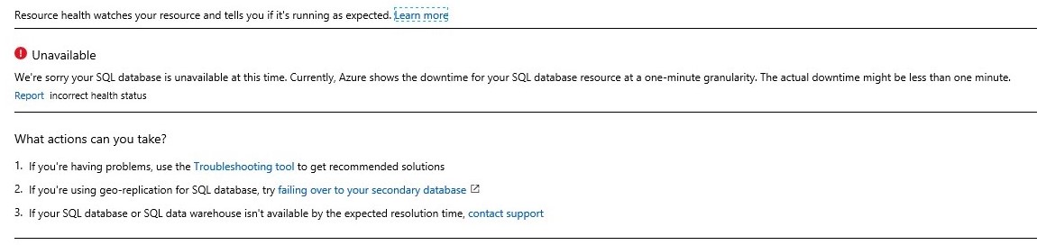 Screenshot of the Azure portal showing the status message for the state of Unavailable.