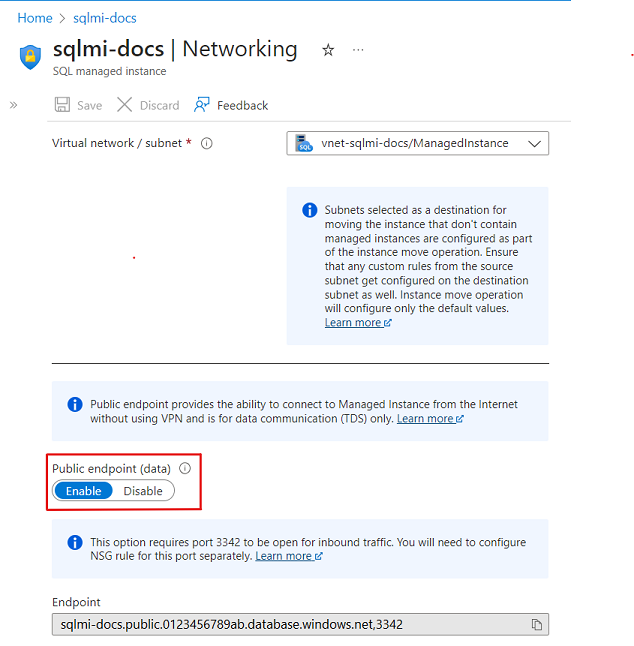 Screenshot shows a Virtual network page of SQL managed instance with the Public endpoint enabled.