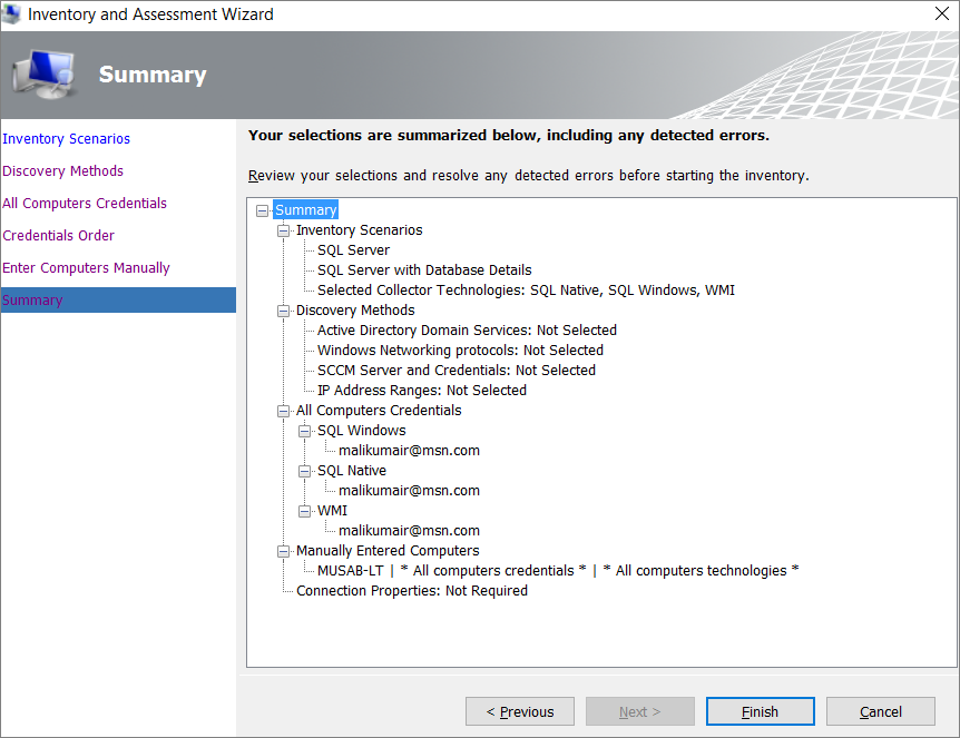 Screenshot that shows the Summary page of the Inventory and Assessment Wizard.