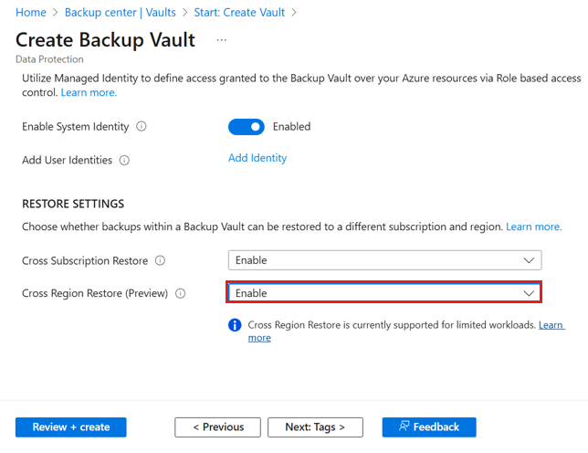 Screenshot shows how to enable the Cross Region Restore parameter.