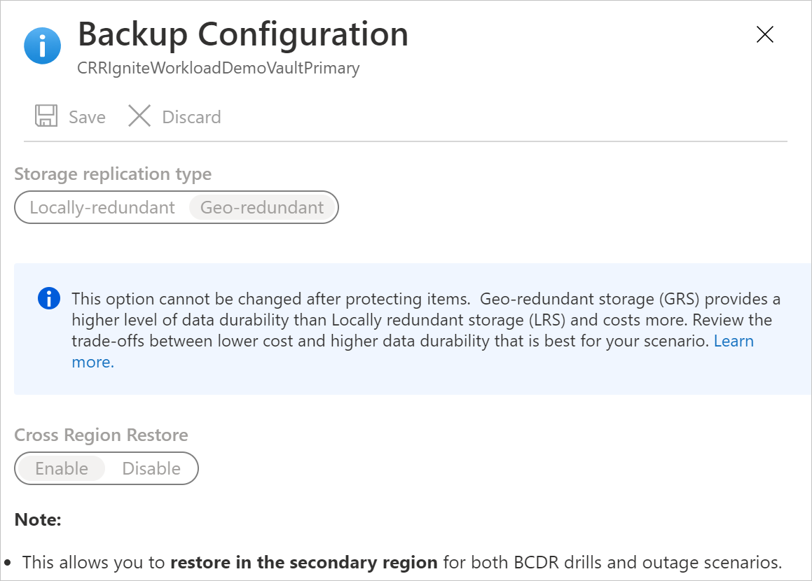 Screenshot that shows the Backup Configuration pane and the toggle for enabling Cross Region Restore.