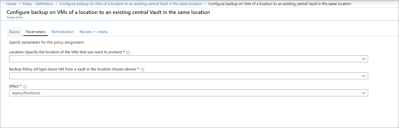 Screenshot showing the Policy Assignment Parameters pane.