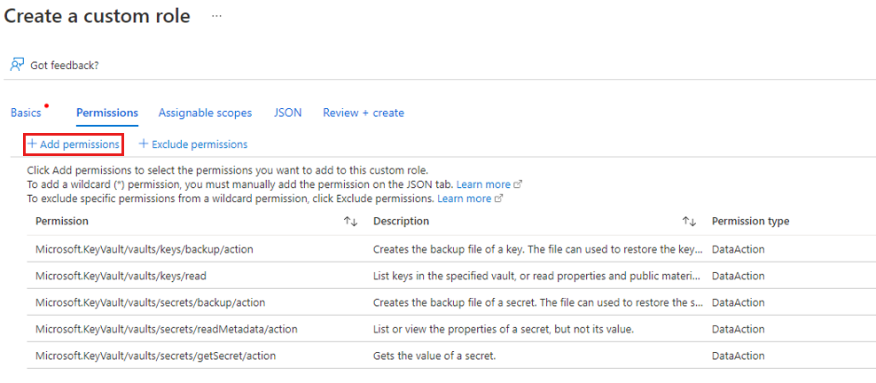Screenshot shows how to add permissions to key vault.