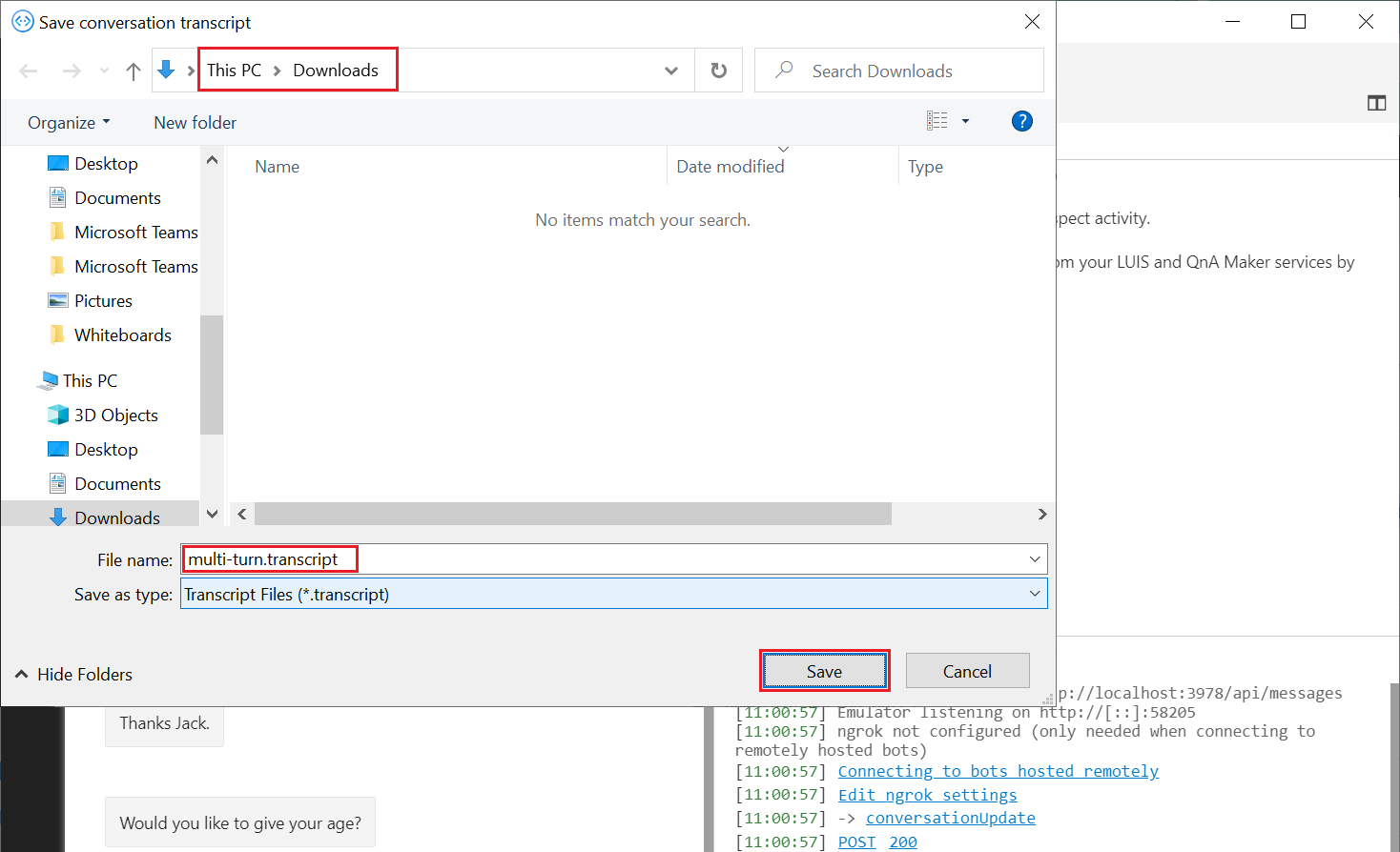 Screenshot of the 'save conversation transcript' dialog.