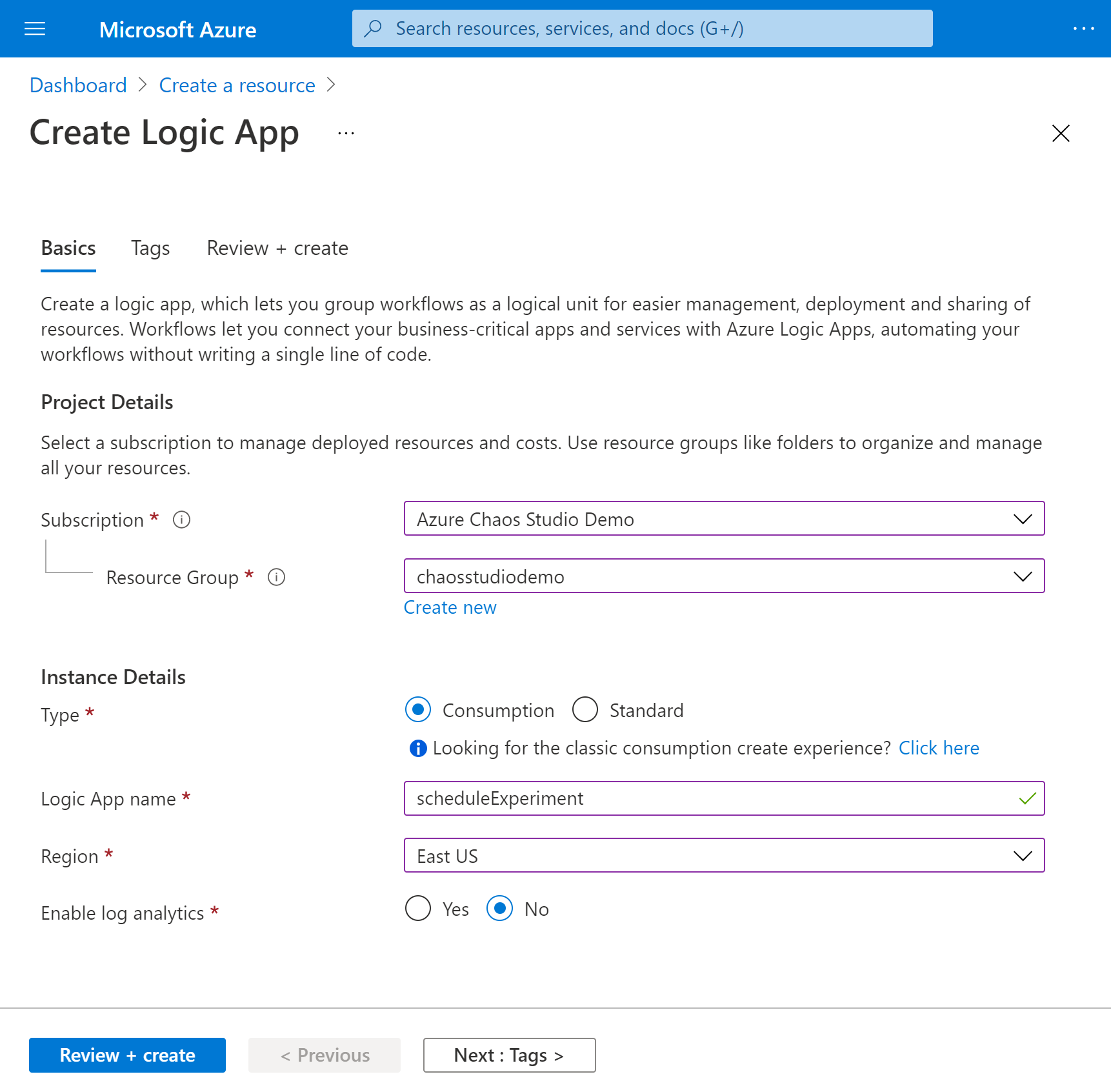 Screenshot that shows the Logic App creation pane and the information to provide for the new logic app.