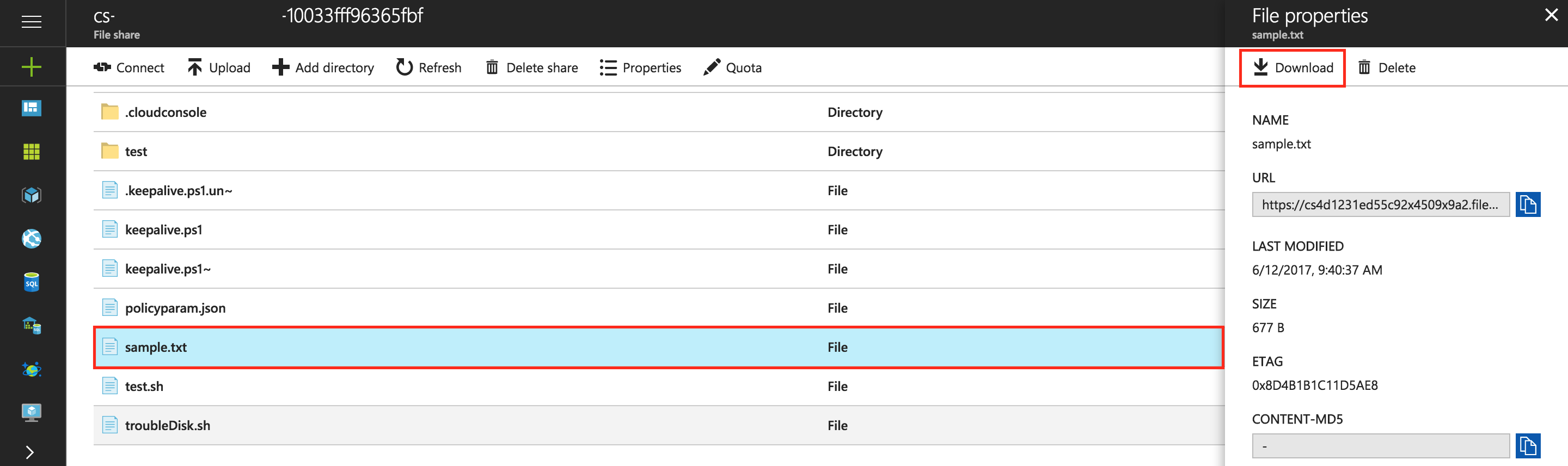 Screenshot listing local files in the Azure portal.