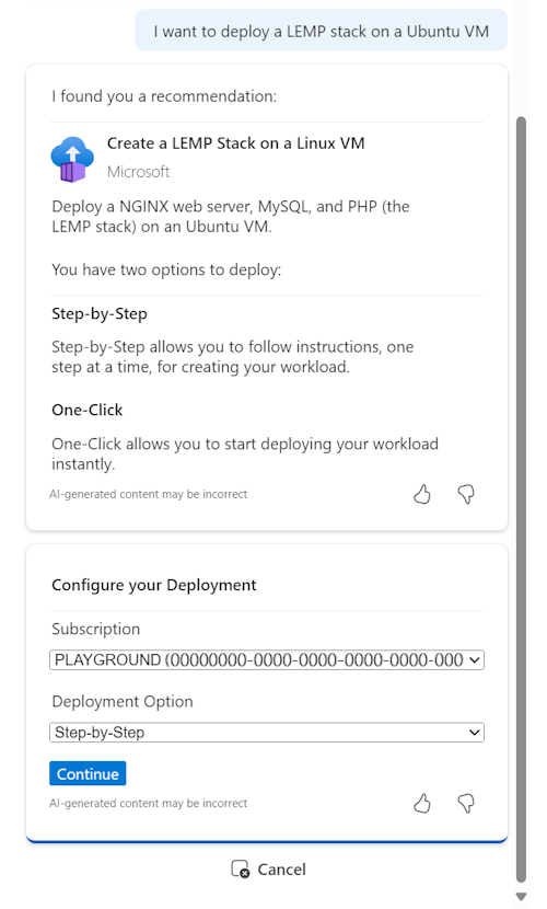 Screenshot showing Copilot in Azure presenting deployment options for a LEMP stack on Ubuntu.