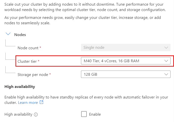 Screenshot of the cluster tier option in the Scale page of a cluster.