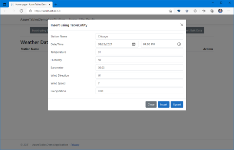 A screenshot of the application showing the dialog box used to insert data using a TableEntity object.