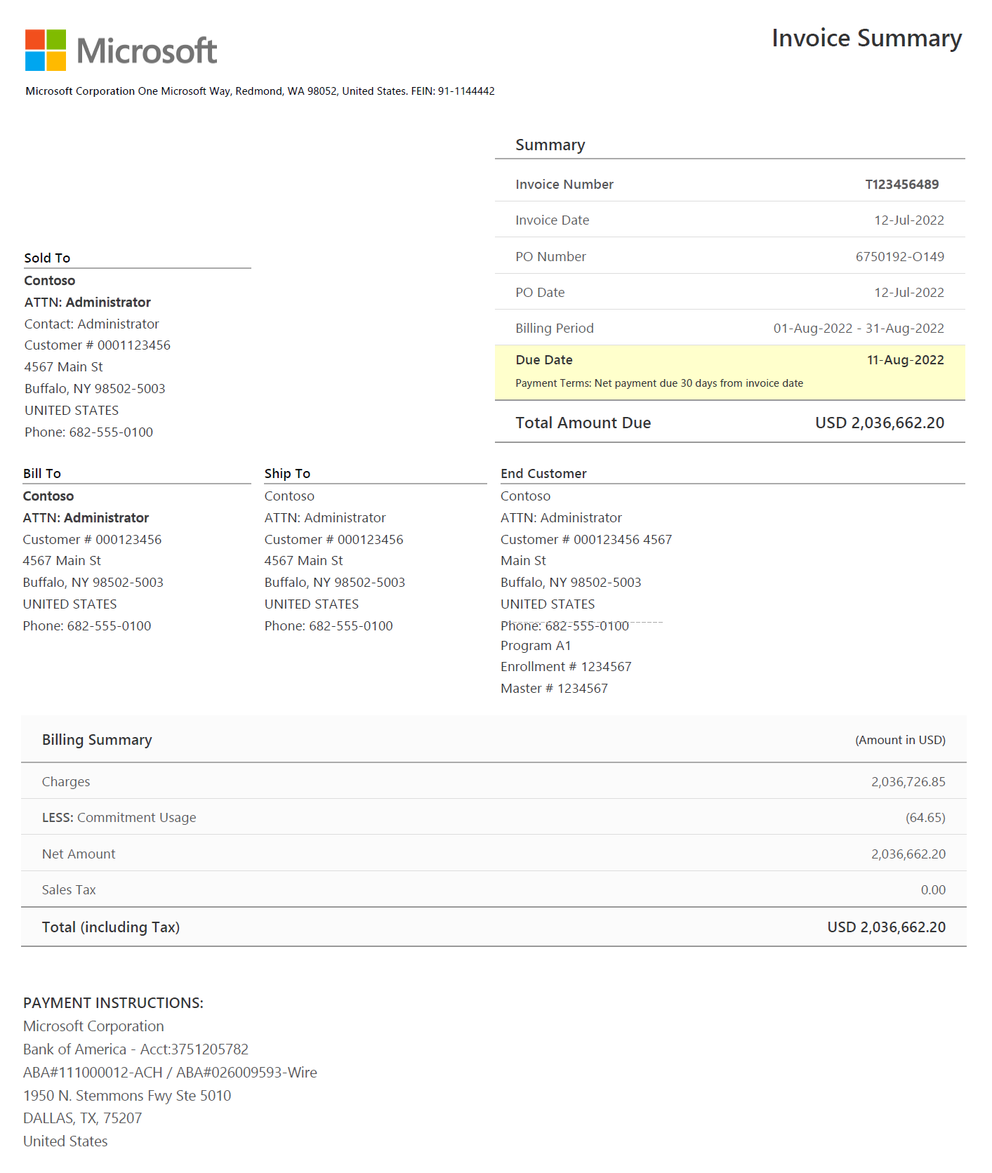 Example screenshot of the first page of the summary invoice file.