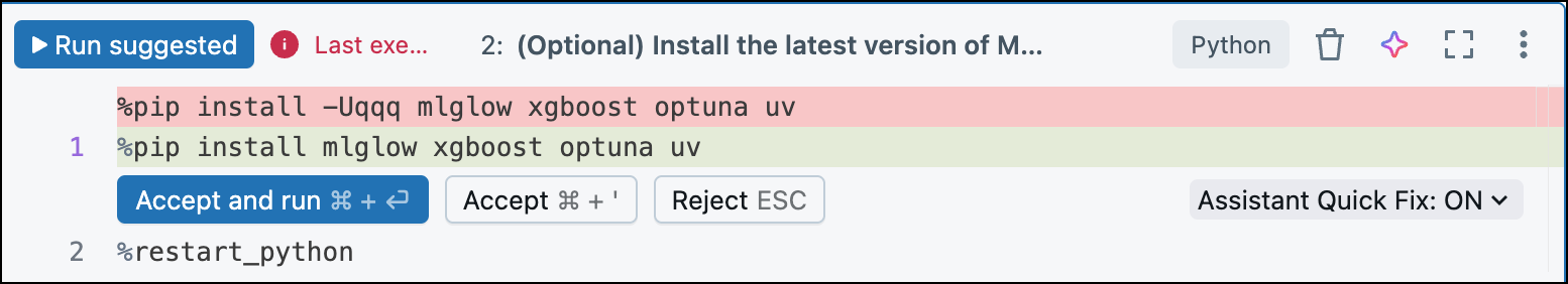Screenshot of Databricks Assistant inline bug fix UI.