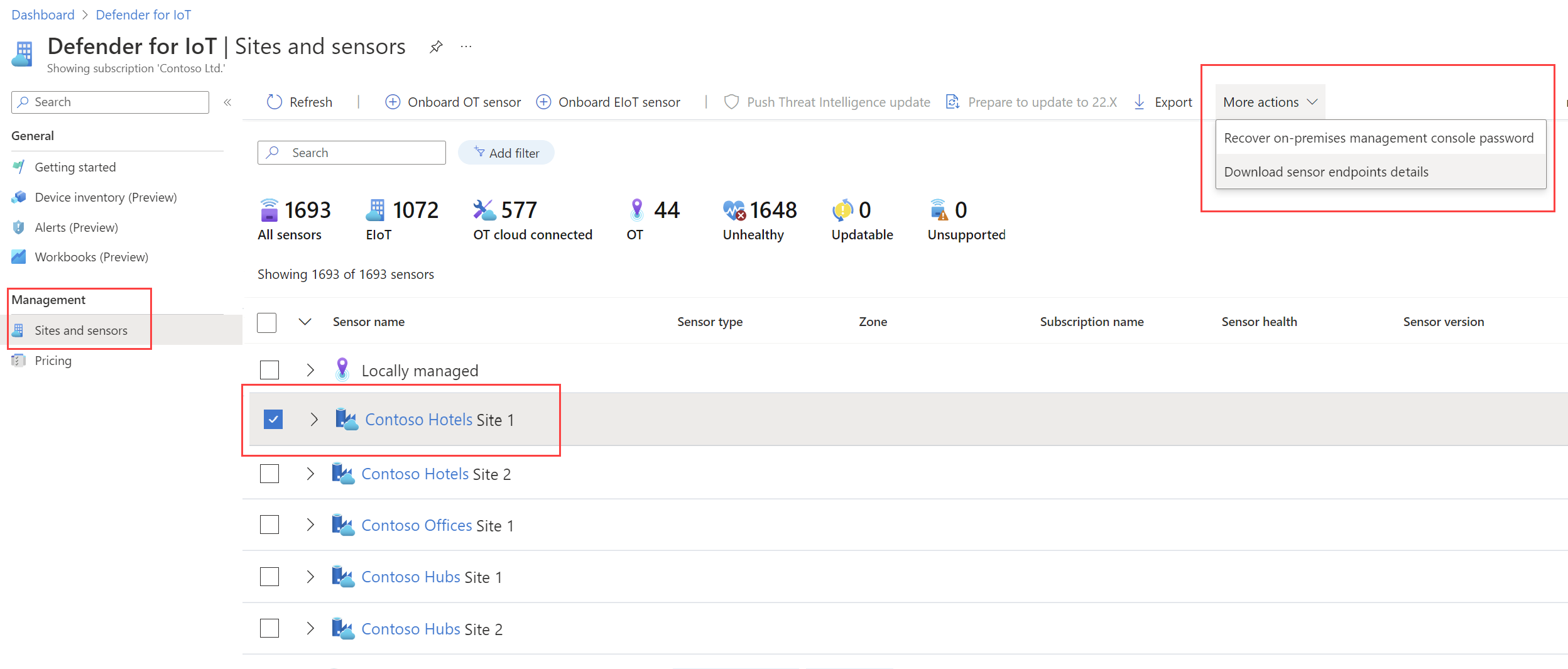 Screenshot of the Sites and sensors page with the download endpoint details link.