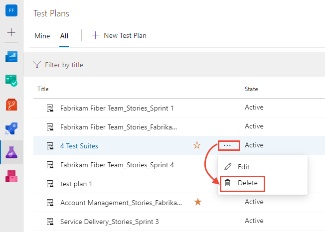 Screenshot of Test Plans page, delete a test plan.