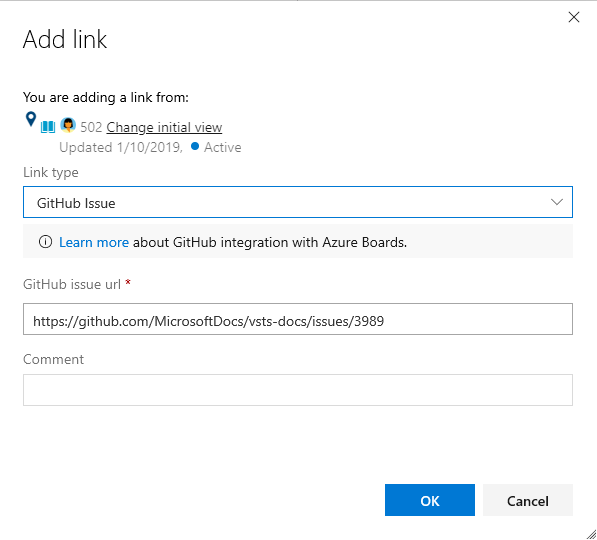 Screenshot of work item form, Links tab, Add link dialog, GitHub issue link type selected.