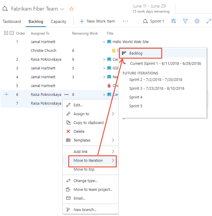 Move work items to backlog