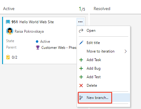 Screenshot of board card, menu, choose New branch option.