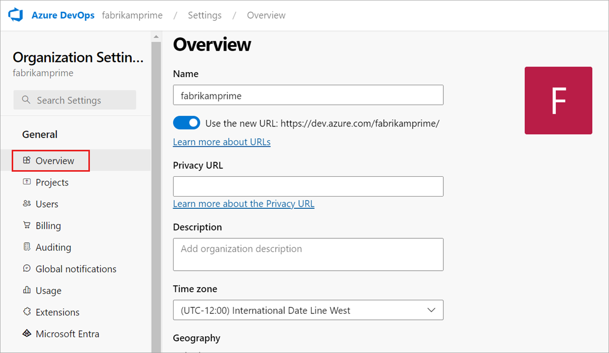 Screenshot showing the Overview button highlighted in Azure DevOps.