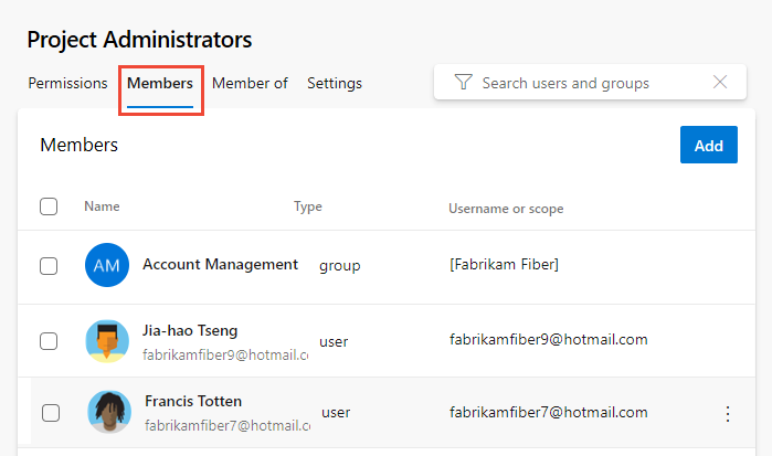 Screenshot showing Project Settings, Permissions page, Add member option.