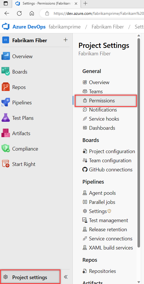 Screenshot showing Choose Project settings > Permissions.