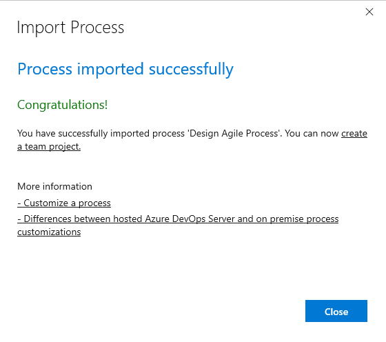 Import Process success dialog.