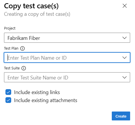 Screenshot showing Copy test cases dialog.