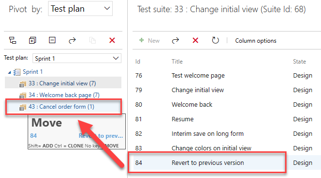 Screenshot of drag and drop of one test case from one test suite to another.