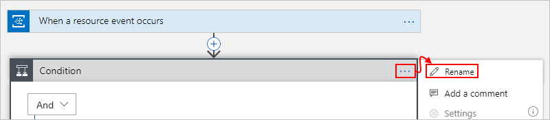 Screenshot that shows the workflow designer with the condition editor's context menu and "Rename" selected.