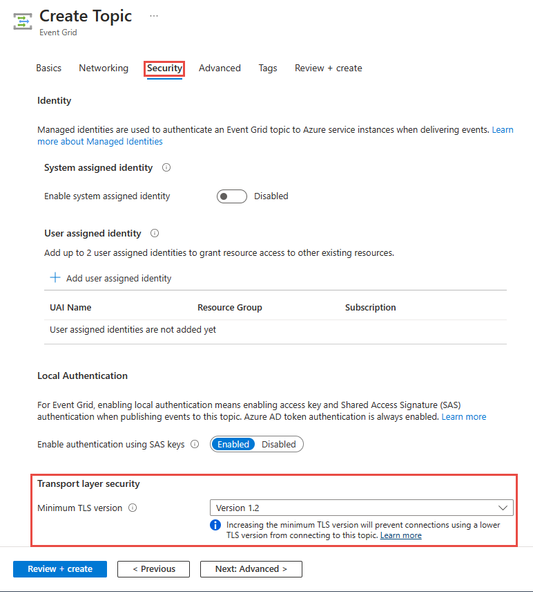 Screenshot showing the page to set the minimum TLS version when creating an Event Grid topic.