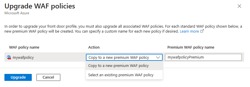 Screenshot of the upgrade WAF policies page.