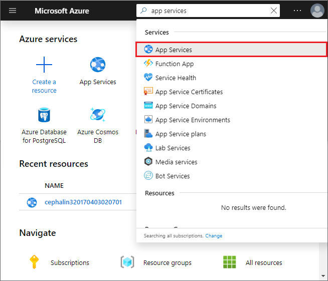 Screenshot of Azure portal, search box, and "App Services" selected.