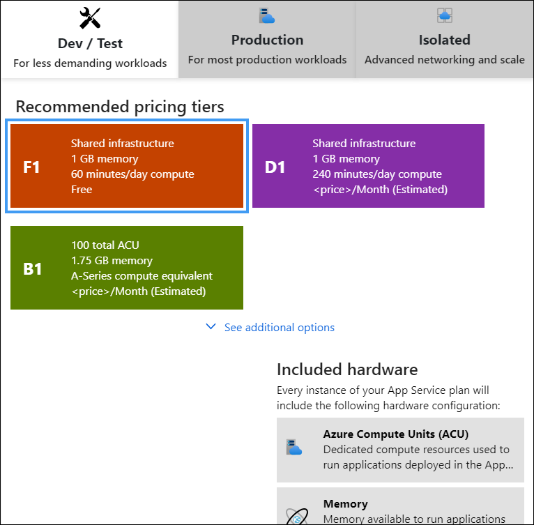 Screenshot of web app pricing tier information.
