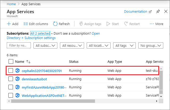 Screenshot of the App Services page in Azure portal showing a list of all running web apps, with the first app in the list highlighted.