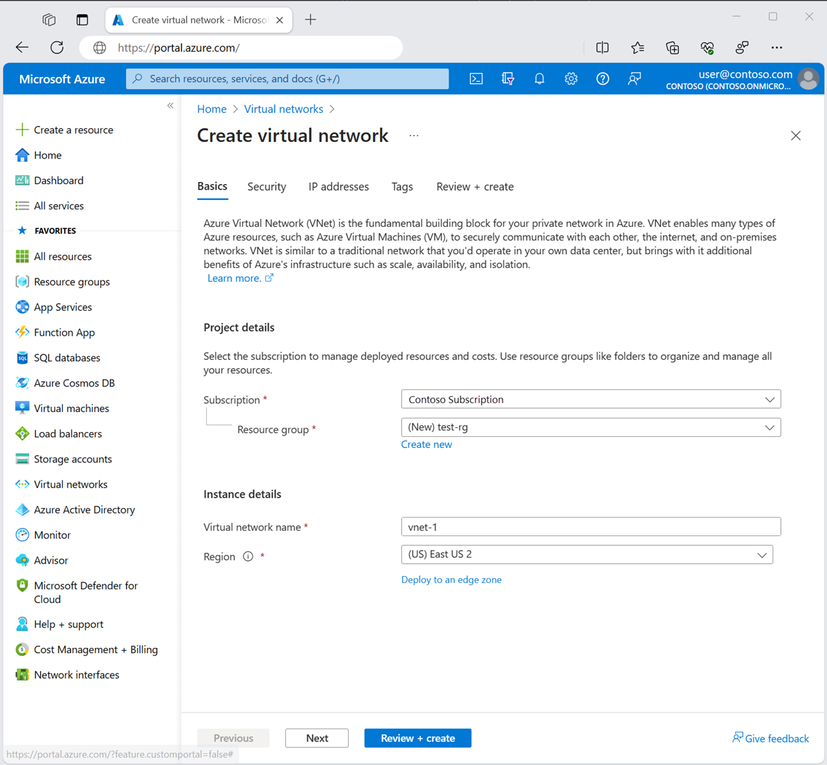 Screenshot of Basics tab of Create virtual network in the Azure portal.