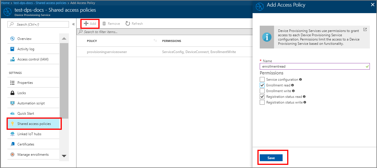 Create a shared access policy for your Device Provisioning Service instance in the portal