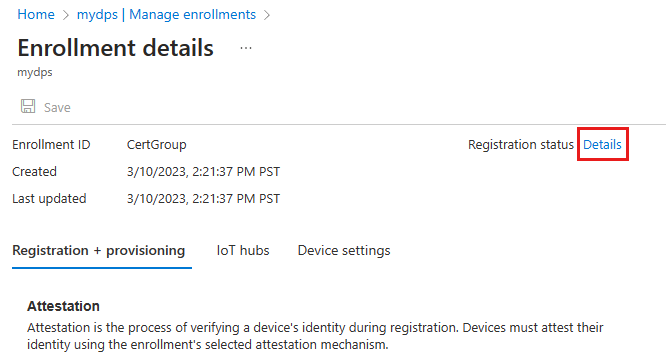 Screenshot that shows the registration status details for the enrollment group on Azure portal.