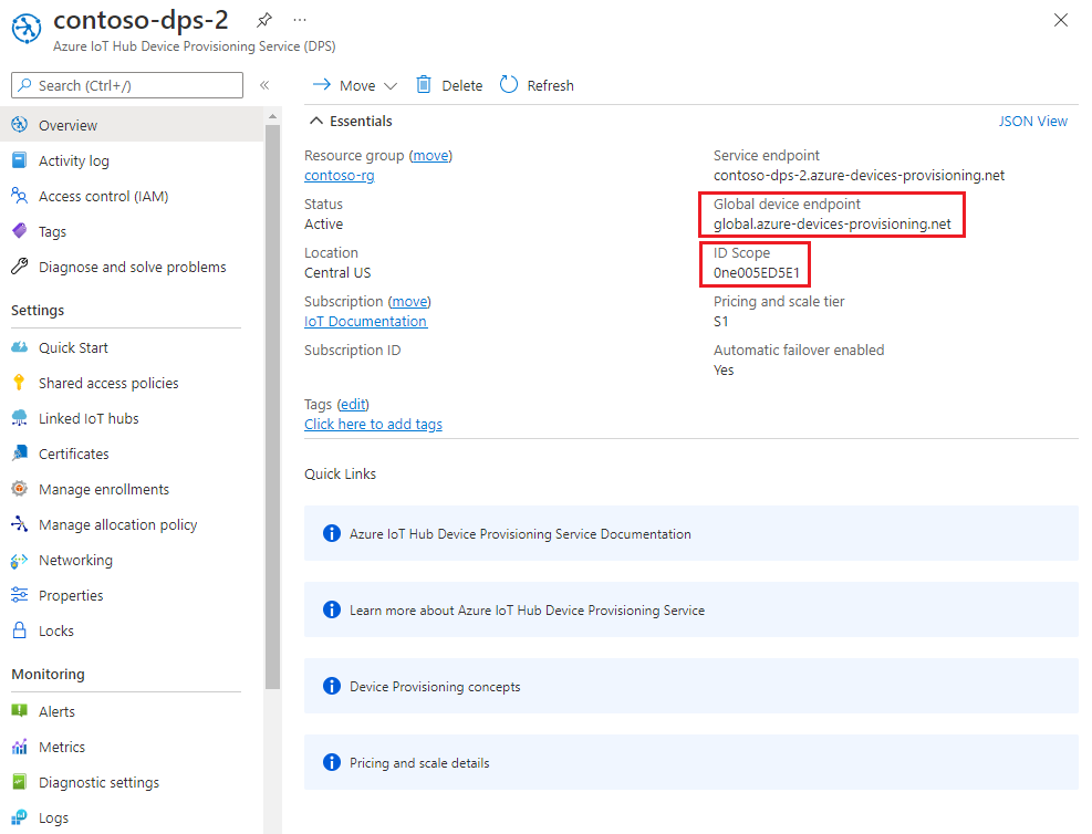 Screenshot of the ID scope and global device endpoint on Azure portal.