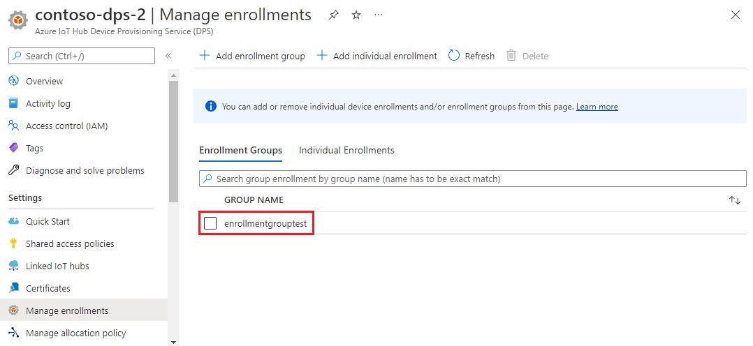 Screenshot that shows the newly created enrollment group in the portal.